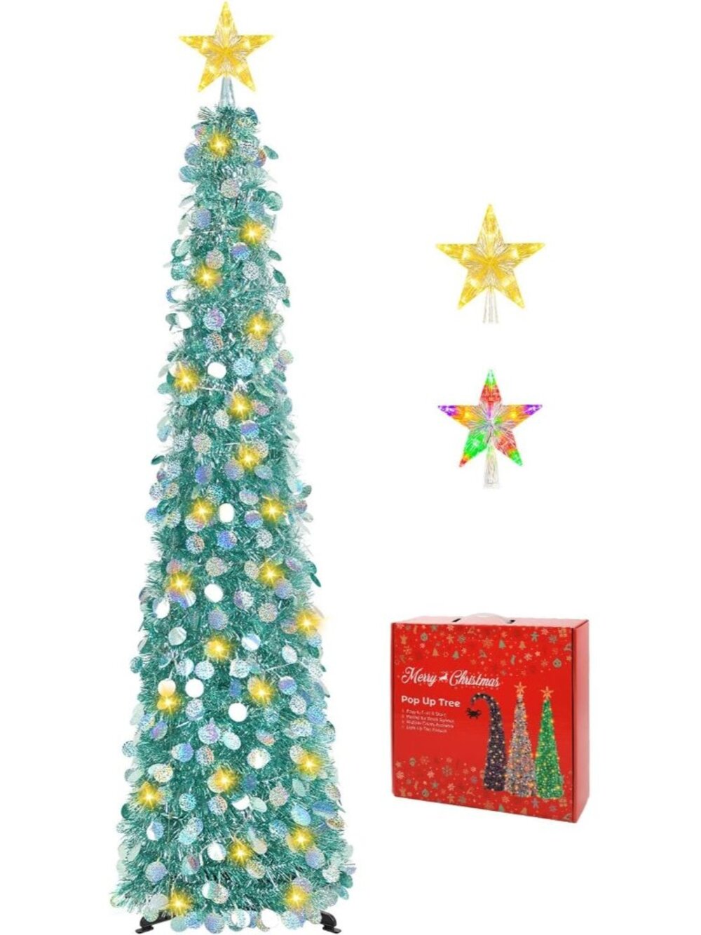 🎄5FT Aqua Blue Pop Up with Lighted Top Star for Christmas LED Tree Decorations